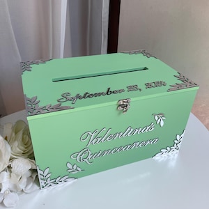 Scatola per carte Quinceañera a colori personalizzata, Scatola postale Quinceañera, Salvadanaio Quinceañera, Decorazione Quinceañera, Scatola per carte Quinceañera verde salvia