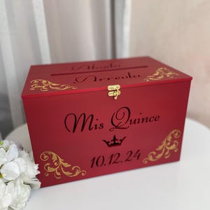 Rote gravierte Holz-Spardose, Quinceanera-Kartenbox, personalisierte Quinceanera-Dekor, 15.Geburtstagsgeschenk, Behälter für Wünsche
