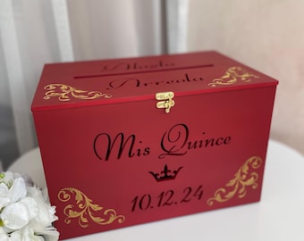 Red engraved wooden money box, Quinceanera card box, personalized Quinceanera decor, 15th birthday gift, container for wishes