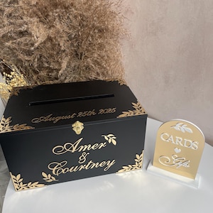 Caja de recuerdos de madera negra, caja de recuerdos de madera, letrero de boda dorado, contenedor para deseos, hucha de boda personalizada, caja para tarjetas de boda