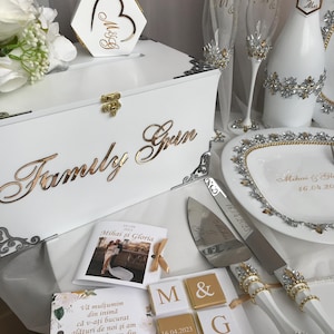 Weißes personalisiertes Hochzeitszeremonie-Set, Braututensilien-Set, Ehering-Box, kundenspezifische Hochzeitsbevorzugungen, Glaswaren-Set, Kuchenschneide-Set Hochzeit