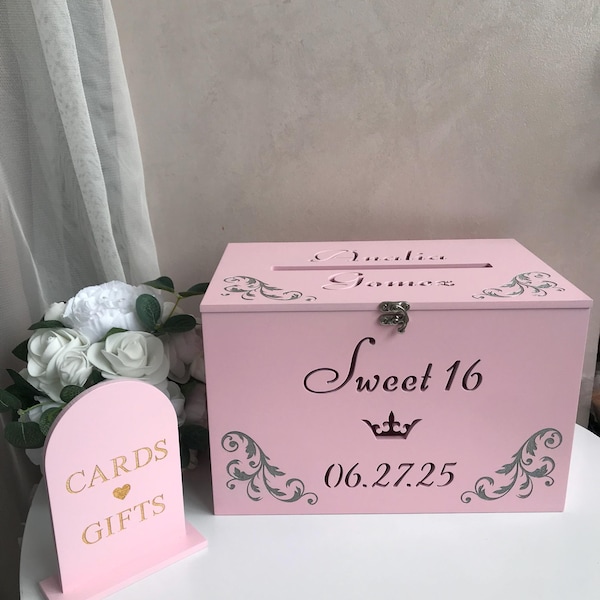 Pink quinceañera card box, wooden keepsake box, birthday memory box, 15 quinceañera decor, 16th birthday party gift,daughter graduation gift