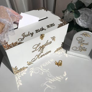 Boîte à souvenirs en bois blanche, plaque de mariage, boîte pour cartes de mariage personnalisée, boîte à souvenirs en bois, décorations de mariage, cadeau de douche nuptiale