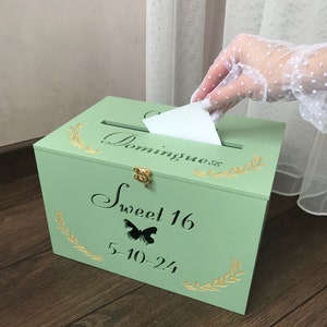 Scatola porta-carte verde salvia personalizzata per la Quinceañera, cassetta postale boho, salvadanaio, decorazione rustica per la Quinceañera, scatola porta-carte verde personalizzata, Quinceañera