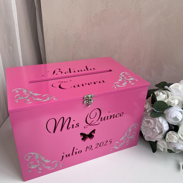 Bright pink quinceanera card box, wooden wedding keepsake, money box, birthday quinceañera decor, gift for daughter, 16th birthday gift