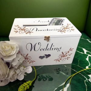 Caja de recuerdos de madera blanca personalizada, caja para tarjetas con ranura, caja para dinero de boda, caja para despedida de soltera, contenedor para deseos, caja para tarjetas de boda