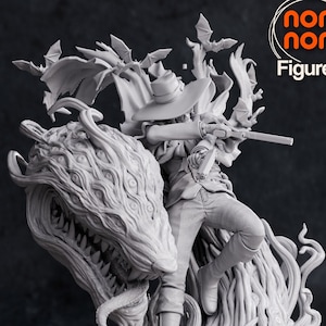 Peut inclure: Une figurine en 3D imprimée en gris d'un personnage tenant une arme à feu, debout sur une créature aux nombreux yeux et à la grande gueule. La figurine est placée sur un fond sombre. "Nom Nom Figures" est écrit dans le coin supérieur droit de l'image.