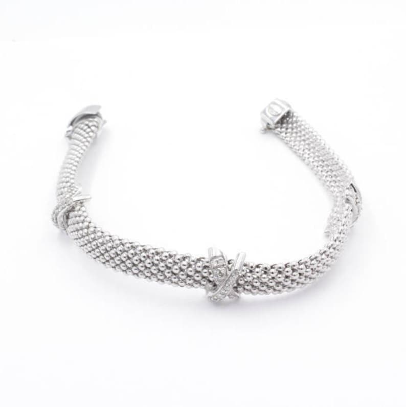925 Sterling Silver Inox Italian Woven Beaded Diamond Bracelet