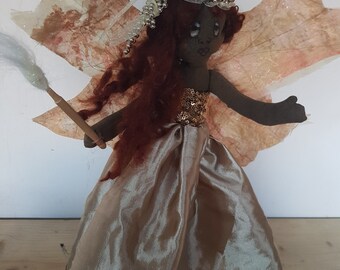 Brown fairy, christmas fairy doll, art cloth doll, ooak doll, unique gift, tree topper fairy doll