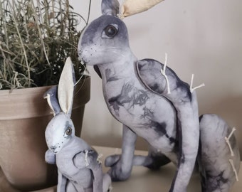 Grey hare and baby hare, cloth hares, mother hare, cloth rabbit, stuffed hares, art cloth hares, natural dyed fabric hare, home decor