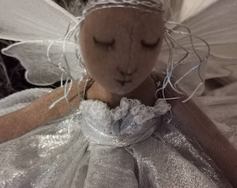 Fairy tree topper, Christmas fairy, dark pigment fairy, home decor, silver fairy, artcloth doll, heirloom, cloth doll