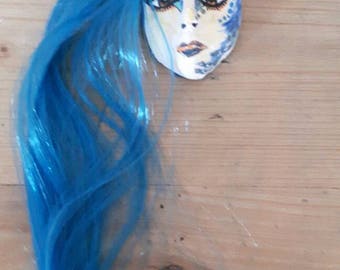 Avatar type brooch, paperclay face pin, blue hair