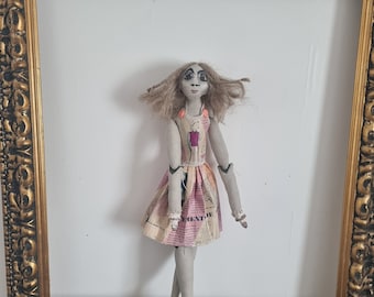 art cloth doll,French girl,paperclothes doll, home decor, decorative art, ooak, weird art, odd doll, unique gift, strange art