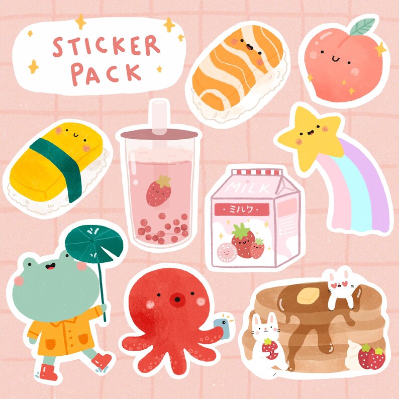 May include: A sticker pack with a variety of cute designs, including a sushi roll, a milk carton, a peach, a frog wearing a raincoat, a strawberry bubble tea, an octopus, a shooting star, and a stack of pancakes. The sticker pack is labeled "Sticker Pack".