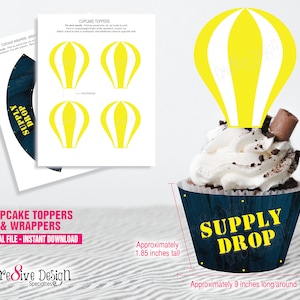Puede incluir: Envoltorios y adornos para cupcakes imprimibles con un diseño de globo aerostático amarillo y blanco con el texto "Supply Drop". Los envoltorios miden aproximadamente 9 pulgadas de largo y 1,85 pulgadas de alto.