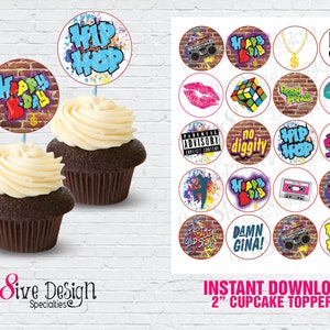 90s Cupcake Toppers, 90s Hip Hop Cupcake Toppers, 90s Hip Hop Party Supplies, Instant Download