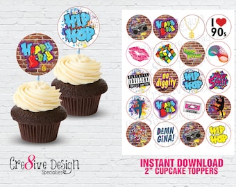 90er Jahre Cupcake Topper, 90er Jahre Hip Hop Cupcake Topper, 90er Hip Hop Party Zubehör, Instant Download