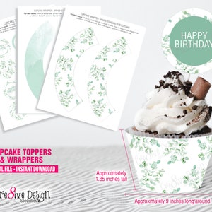 Eucalyptus Green Watercolor Cupcake Toppers and Cupcake Wraps, Instant Download, Digital File