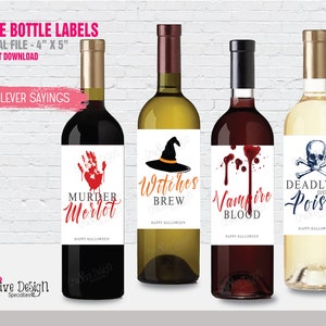 May include: Four wine bottle labels with Halloween themes. The labels are 4 inches by 5 inches and feature a bloody handprint, a witch's hat, a blood drip, and a skull and crossbones. The text on the labels reads "Murder Merlot", "Witches Brew", "Vampire Blood", and "Deadly Poison".