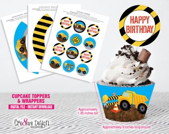 Adornos y envoltorios para cupcakes de camión de volteo: Fiesta de la Construcción (Descarga instantánea)