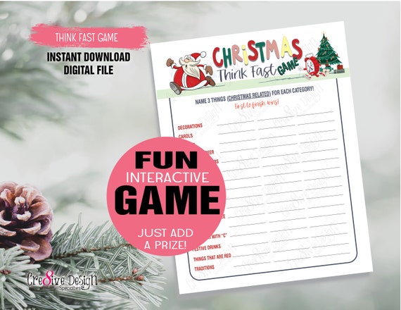 Christmas Think Fast Printable Game Instant Download for 