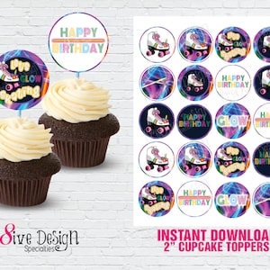 ROLLER SKATING Cupcake Toppers, Let&#39;s Glow Skating, Roller Skate party, skating party, neon roller skate, Digital File, Instant Download