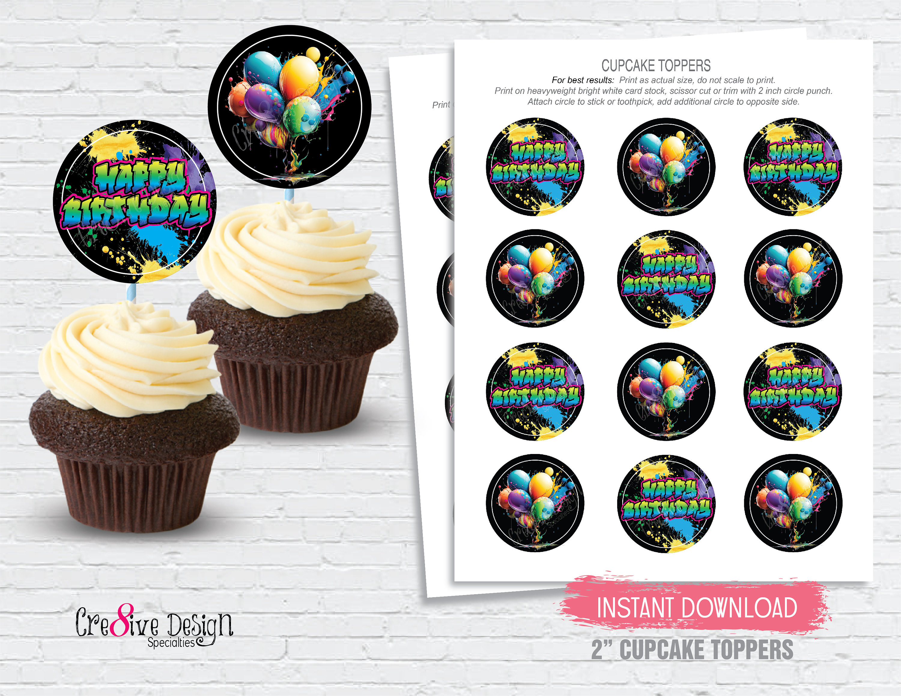 Graffiti Spray Paint Cupcake Toppers, Neon Party, Graffiti Schrift, Neon Geburtstag, Graffiti Partyzubehör, Instant Download