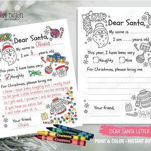 Carta a Santa imprimible, carta a Santa niños página para colorear, actividad de la página de Navidad para colorear, actividad de los niños de Navidad, descarga instantánea