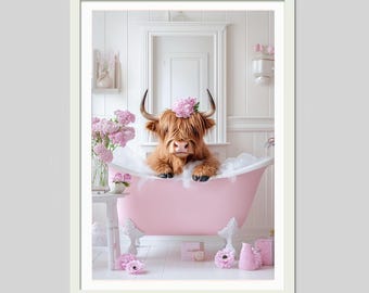 Cute Highland Cow in Bathtub Wall Art Print, Adorable Farmhouse Animal Decor Pink Peonies, Shabby Chic Bathroom Decor, Digital Download