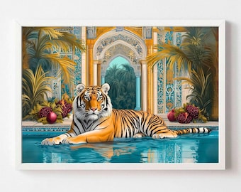 Chic persian tiger in palace digital download tiger wall art high life luxurious print elegant wall art boho fancy art decor Aesthetic Print