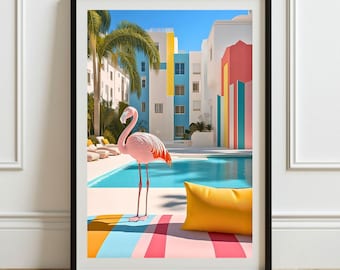 Flamingo at pool in art deco hotel digital download, high life Miami beach resort print elegant wall art, luxury chic decor,Aesthetic Print