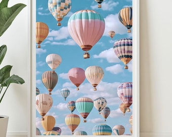 colorful hot air balloons in the sky, room kids wall art, chic decor, Aesthetic Print, nursery printable, whsmiscal landscape pastel colors