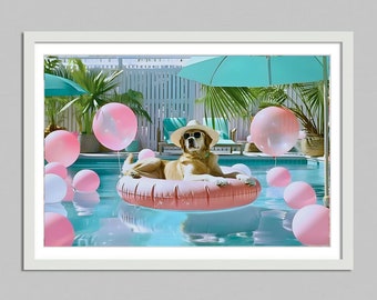 Pies przy basenie Beverly hotel pobieranie cyfrowe, życie na wysokim poziomie, palm springs print elegancka sztuka ścienna, wydruk do pokoju dziecięcego, szykowny wystrój, estetyczne wydruki zdjęć