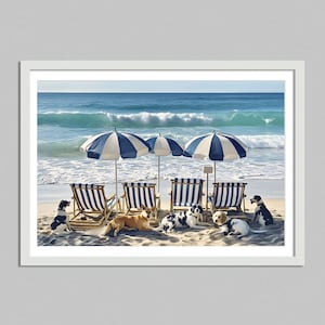 May include: Five dogs relaxing on the beach under striped blue and white umbrellas. The dogs are sitting in wooden chairs with blue and white stripes. The beach is sandy and the ocean is blue with white waves.