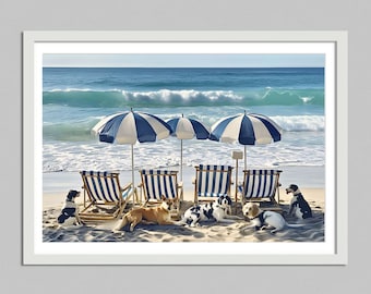 honden op het strand, digitale download, high life, realistische afbeelding, elegante muurkunst, kinderkamerafdruk, chique kunstdecor Esthetische print