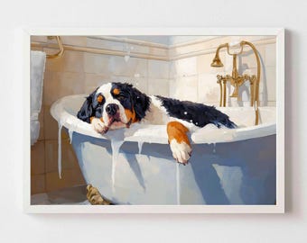 Bernese mountain in bathtub, digital download, high life print elegant wall art, nursery, chic decor,Aesthetic Print bathroom wall art decor
