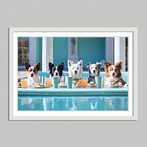 Dogs at pool bar at palm springs hotel digital download, high life, realistic illustration, nursery print, chic art decor,Aesthetic Print