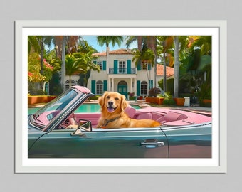 plakat palm springs retriever w samochodzie, sztuka ścienna, wydruk psów, plakat ze zwierzętami, luksusowy styl życia, wydruk High Society pies dekoracja ścienna