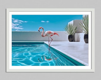Digital Illustration - flamingo in a pool Wall Art , animal  Print Poster , Luxury Lifestyle  High Society Print palm springs art decor
