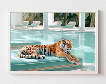 tiger in a fancy hotel Palm Springs Art Print high life, tiger wall art, chic wall decor for tiger lovers Printable Digital Download
