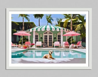 pies w luksusowej willi, hotel Beverly pobieranie cyfrowe, wysokie życie, palm springs print elegancka sztuka ścienna, luksus, szykowny wystrój, estetyczne zdjęcia wydrukowane