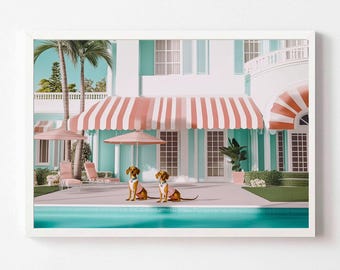 dachshunds posing in front of a Beverly Hills mansion, digital illustration, luxurious picture. dogs wall art, art for kids room