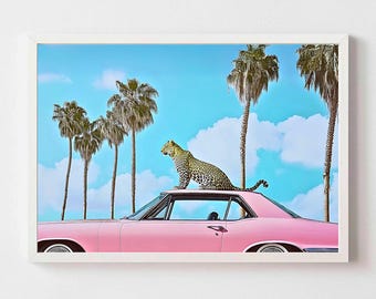 leopard on a classic cat, Palm Springs, high life, realistic illustration, elegant wall art, cheetah print, chic art decor Aesthetic Print