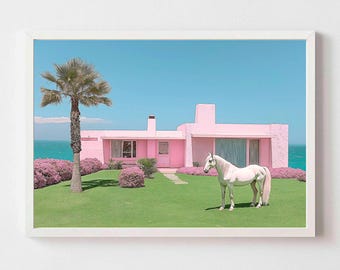 Dreamy Coastal Escape Pink House Horse Digital Art for Elegant Wall Decor coastal vibe in your space. Ideal for living rooms horse lovers.