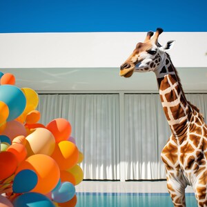 Peut inclure: Une girafe au long cou et aux taches brunes et blanches se tient devant un b&acirc;timent blanc avec une piscine. Un bouquet de ballons color&eacute;s se trouve au premier plan.