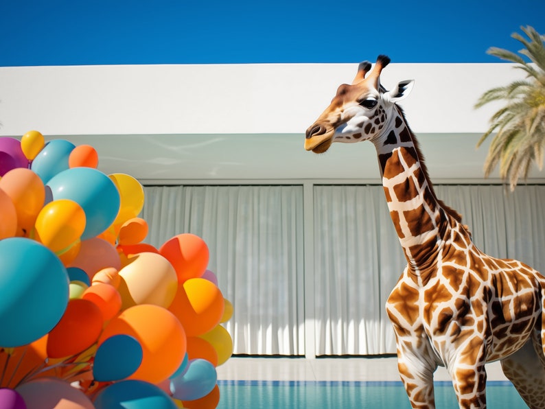 Peut inclure: Une girafe au long cou et aux taches brunes et blanches se tient devant un b&acirc;timent blanc avec une piscine. Un bouquet de ballons color&eacute;s se trouve au premier plan.