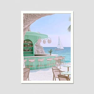 beach bar, french riviera, summer vibes, high life, realistic illustration, elegant wall art, coastal wall art, chic art print, wes anderson