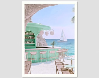beach bar, french riviera, summer vibes, high life, realistic illustration, elegant wall art, coastal wall art, chic art print, wes anderson