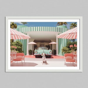 May include: A teal vintage car parked in front of a striped green and white awning. A white and brown dog sits in front of the car. Two pink and white striped umbrellas are on either side of the car.