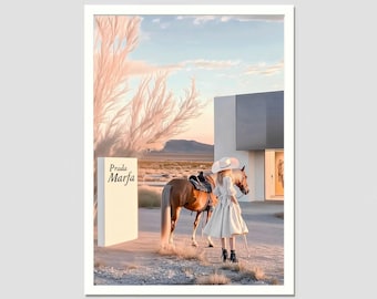 Cowgirl with horse, store in desert, Texas Marfa. Illustration digital download, high life, texan desert print elegant wall art, chic decor,